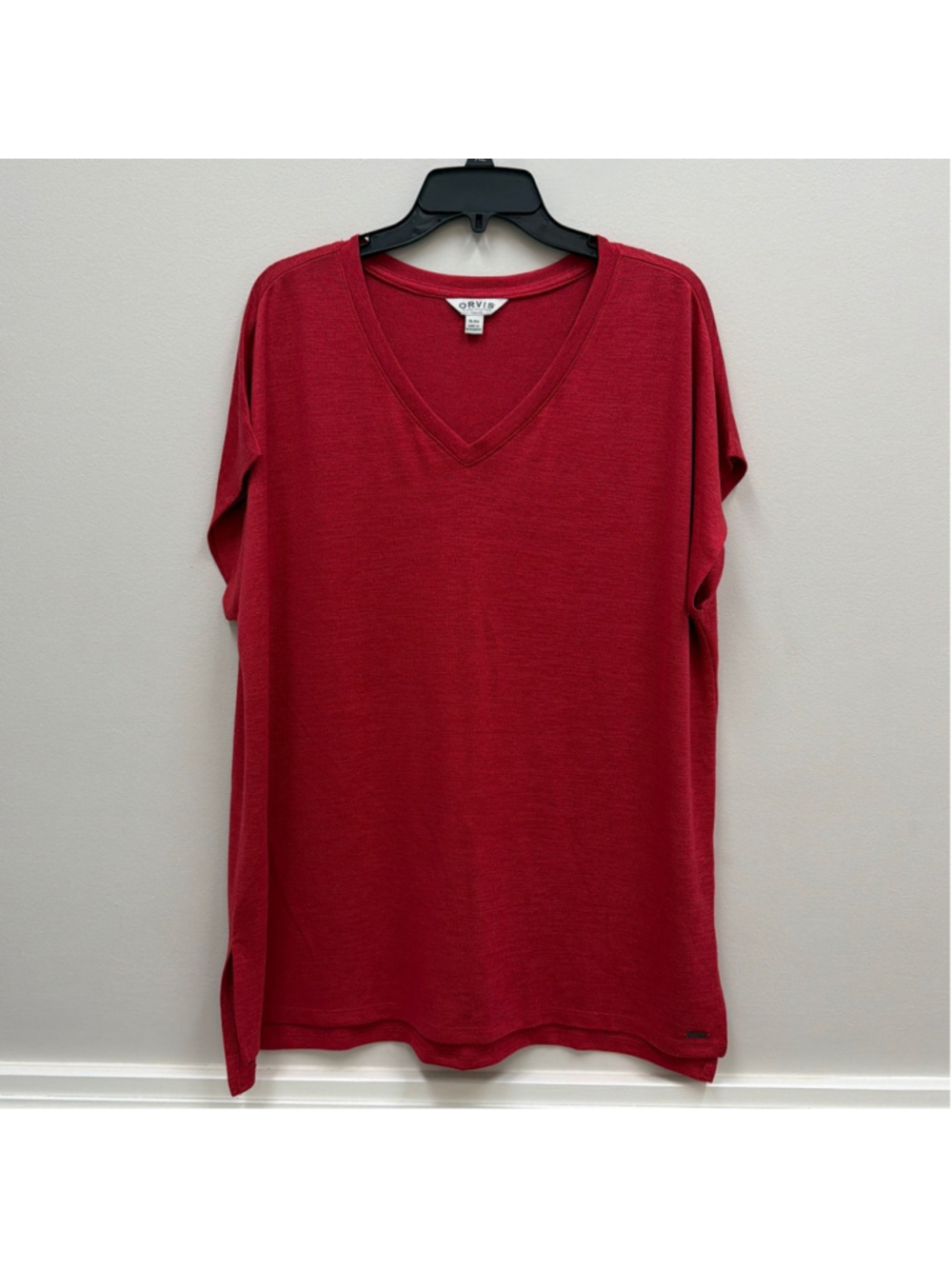 Orvis V Neck Tunic Lightweight Knit Top Sz XL in Mineral Red!